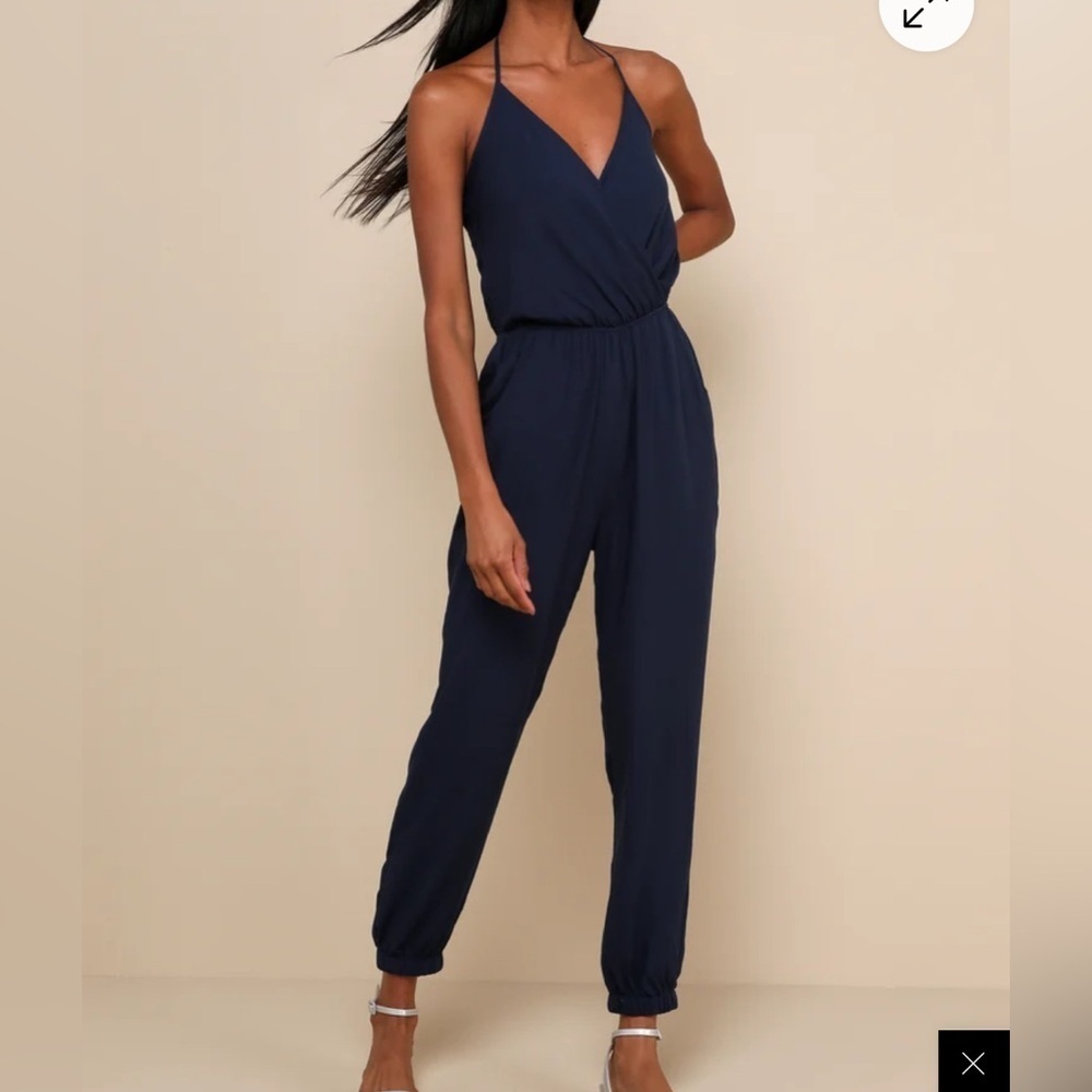 Lulu's Deep Blue Halter Jumpsuit Size Small